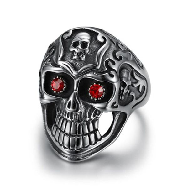 

cluster rings punk men's ring gothic crystal red eyes vintage stainless steel skeleton finger band biker men jewelry, Golden;silver