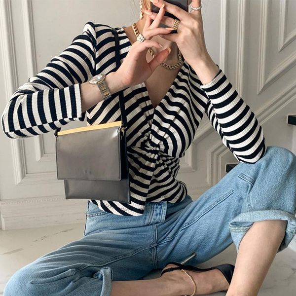 

women's t-shirt fashion temperament contrast color striped women v-neck long-sleeved cross short woman tshirts, White