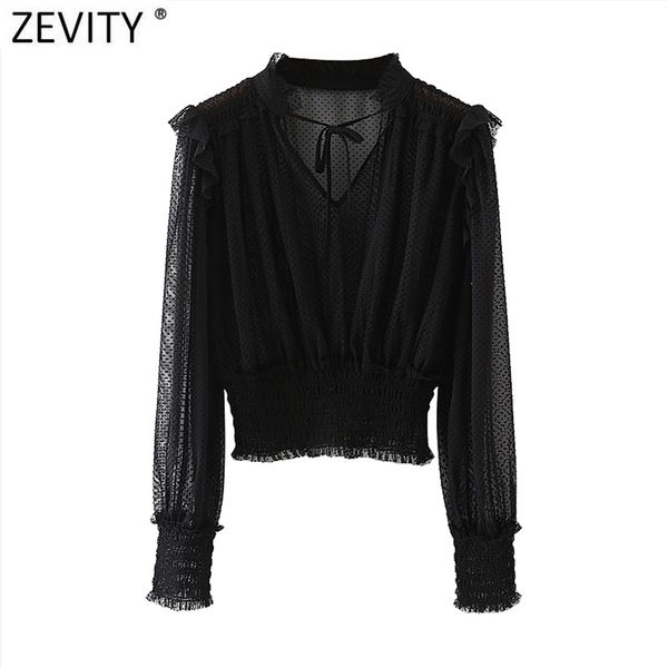 

spring women perspective dots mesh blouse female v neck pleated ruffles puff sleeve shirt chic bow ls7561 210420, White