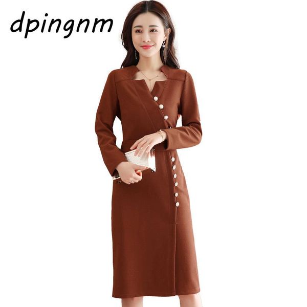 

casual dresses 2021 spring and autumn solid color dress female long section bag hip slim slimming temperament v-neck long-sleeved, Black;gray