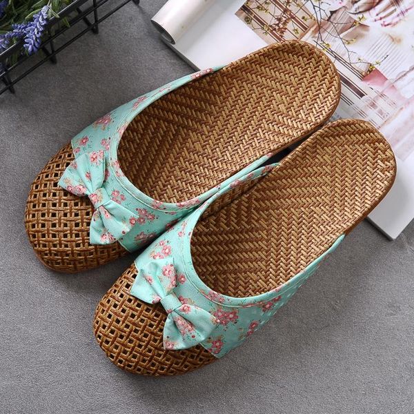 

women flax slippers 2021 casual slides floral bow linen indoor shoes woman summer sandals zapatillas de mujer, Black