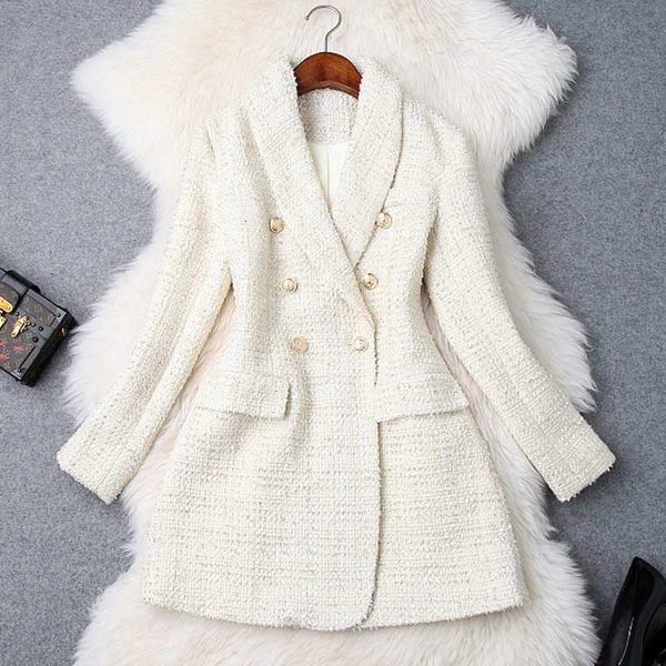 

runway 2023 designer blazer women's double breasted metal button long sleeve notched collar jacket wool blends tweed blazer coat, White;black