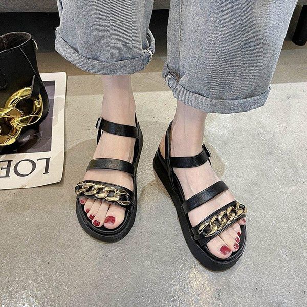

sandals platform women metal chain thick sole shoes summeroutdoor casual open toe mujer 2021, Black