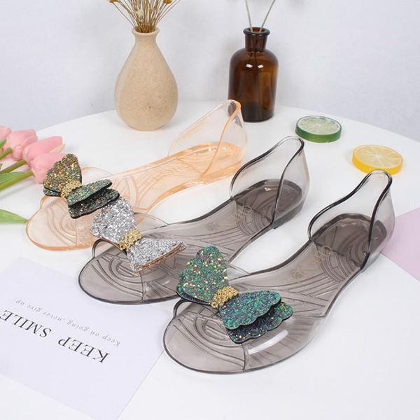 

slippers 2021 summer fashion pvc comfortable crystal sandals flat bottom wild jelly beach shoes bow women, Black