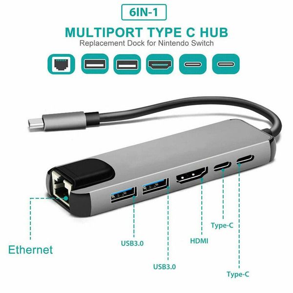 

hubs usb type c hub adapter 6-in-1 usb-c multi-port dock with 4k rj45 ethernet lan charge for switch