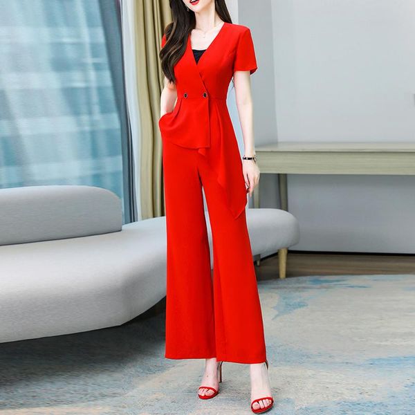 

women's two piece pants summer women irregular short sleeve blazer+wide leg suits pant sets elegant casual work woman set, White
