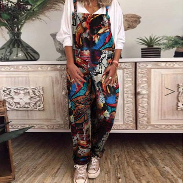 

zanzea women jumpsuits summer rompers vintage floral printed overalls casual straps cotton linen playsuits suspenders plus size, Black;white