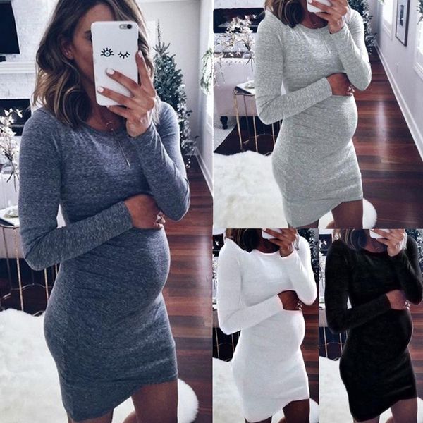 

pure color round neck long sleeve maternity skirt dress dresses, White
