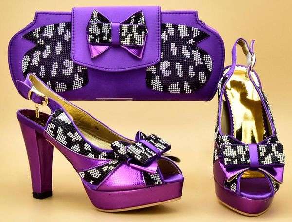 

arrival purple color african women matching italian shoes and bag set decorated with rhinestone ladies shoe zs-14 dress, Black