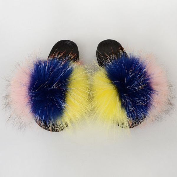

custom raccoon fur slides women fashion fluffy fur slippers, Black