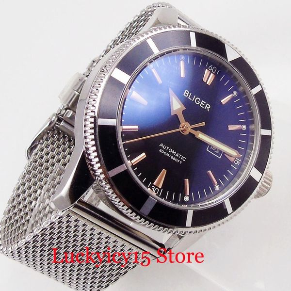 

bliger 46mm self winding men watch automatic movement rotating bezel data function mental band, Slivery;brown