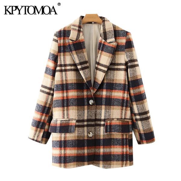 

women fashion single breasted check woolen blazer coat vintage long sleeve pockets female outerwear chic 210416, White;black