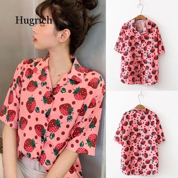 

women's blouses & shirts women holiday casual short sleeve ladies strawberry printed shirt korean summer fashion clothing, White