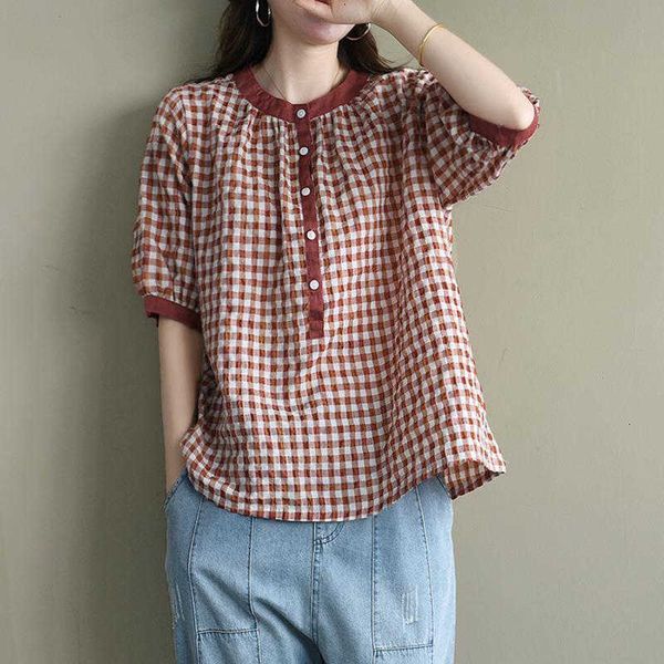 

women's blouses & shirts summer arts style women short sleeve o-neck loose cotton linen plaid casual blouse femme blusas plus 8mhl, White