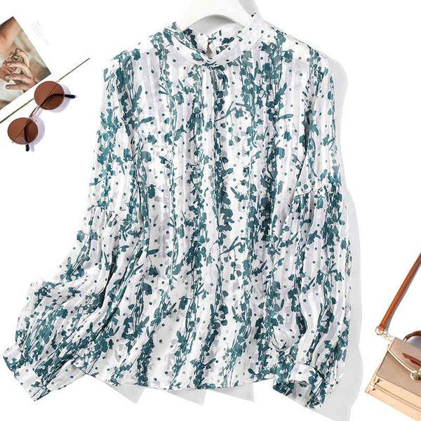 

blouses women's 100% mulberry silk thin type green printed shirt blouse stand neck long sleeve l xl jn577, White