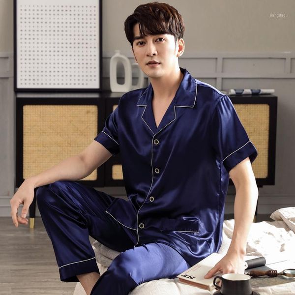 

summer men silk pajamas short sleeve turn-down collar cardigan mens sleepwear set comfortable soft plus size male homewear men's, Black;brown