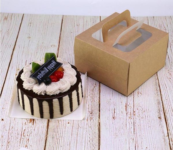 

100pcs/lot 4 inch cake box with window handle kraft paper cheese kids birthday wedding home party supply wholesale gift wrap