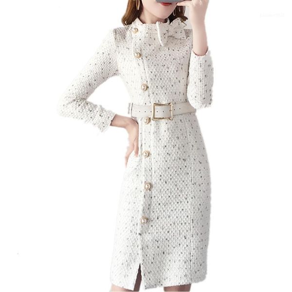 

casual dresses arrival 2021 winter runway long sleeve tweed dress autumn chic women elegant slim vintage woolen vestidos, Black;gray