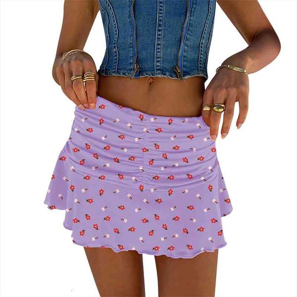 

women close-fitting short skirt floral printed pattern high waist pleated miniskirt orange blue, Black