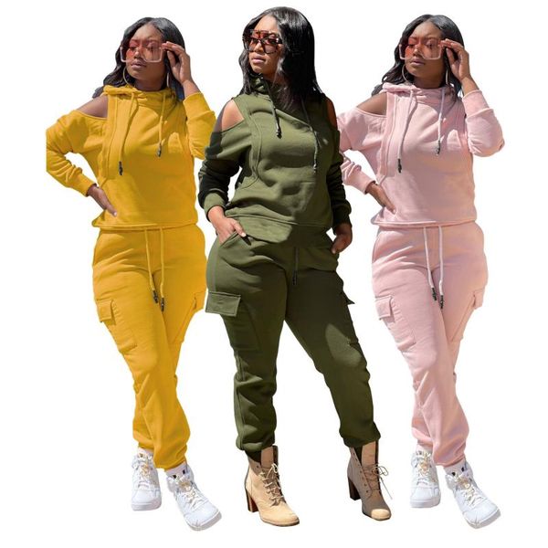 

women's two piece pants zaggin 2021 autumn women solid 3-color 2-piece sports suit casual off-shoulder hooded long sleeve full running, White