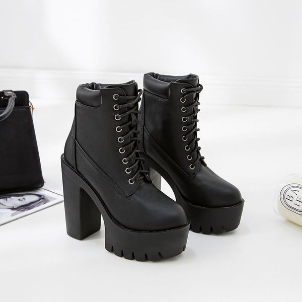 

ankle strap boots pu leather platform high heels women's spring winter shoes women lace up western motorcycle, Black