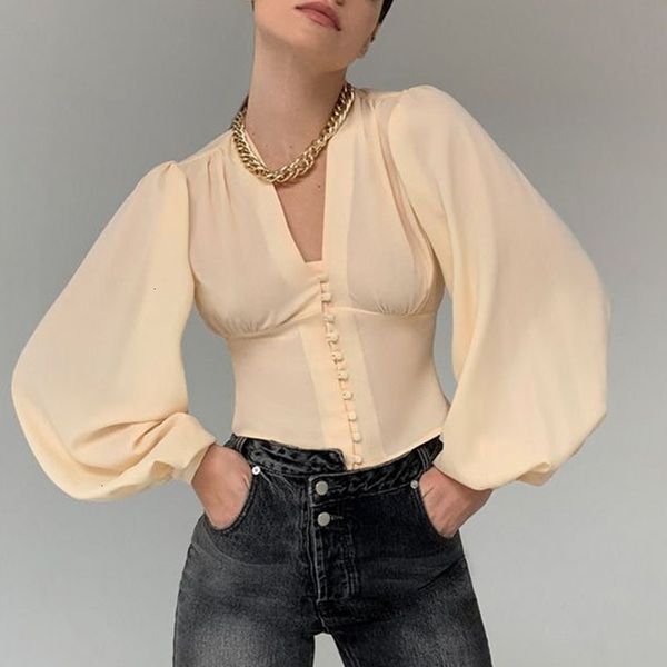 

women's knits & tees women spring perspective v neck slim shirt blouse chic lantern sleeve female office lady single-bre, White