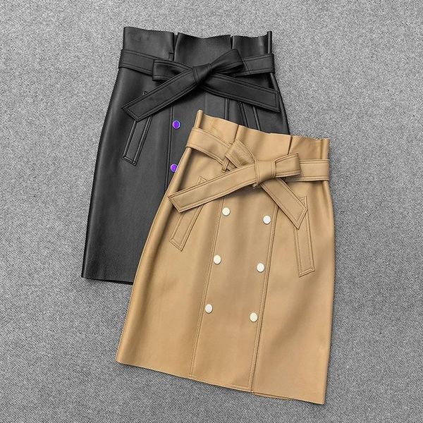 

skirts spring autumn real genuine leather high waist womens clothes black khaki vintage belt korean party midi wrap skirt