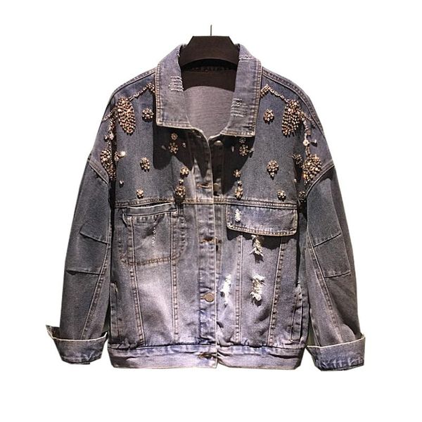 

women's jackets england style diamond beading denim female single breastedhand made hole outwear with pockets wq1577 dropship, Black;brown