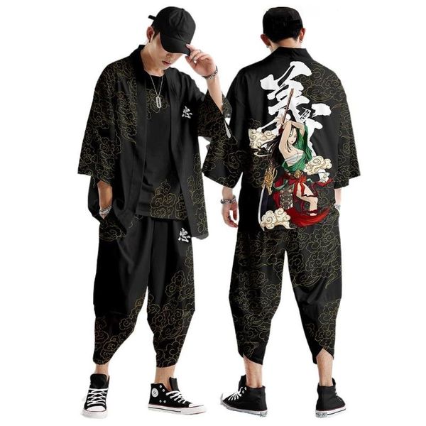 

ethnic clothing plus size japanese kimono two-piece cardigan suit loose women men cosplay yukata harajuku samurai pants sets, Red