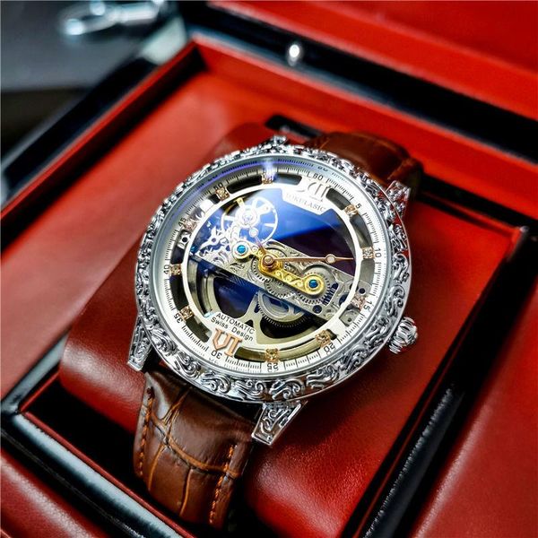 

wristwatches full hollow large dial pure mechanical watch man pair-way power luminous waterproof high-end handsome men's mens, Slivery;brown