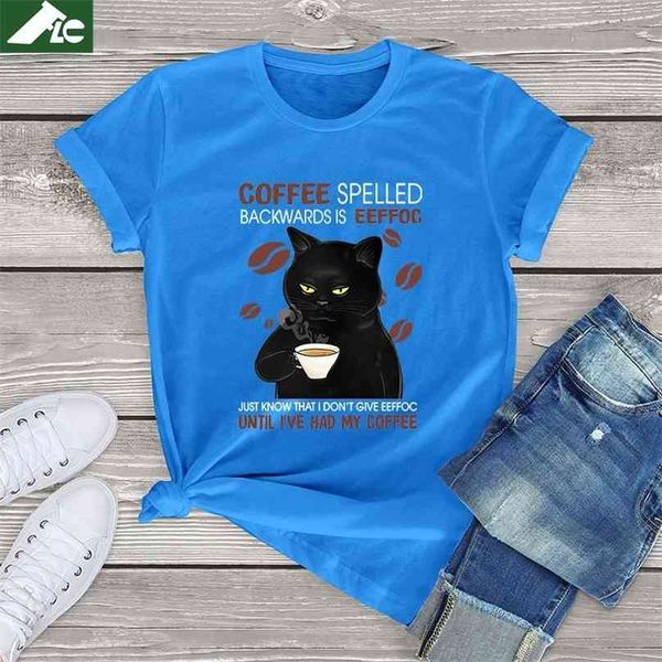 100 % Baumwolle T-Shirt Damen Black Cat Coffee Spelled Backwards Is Funny Tops Unisex T-Shirt Harajuku Damen T-Shirts Geschenk 210720