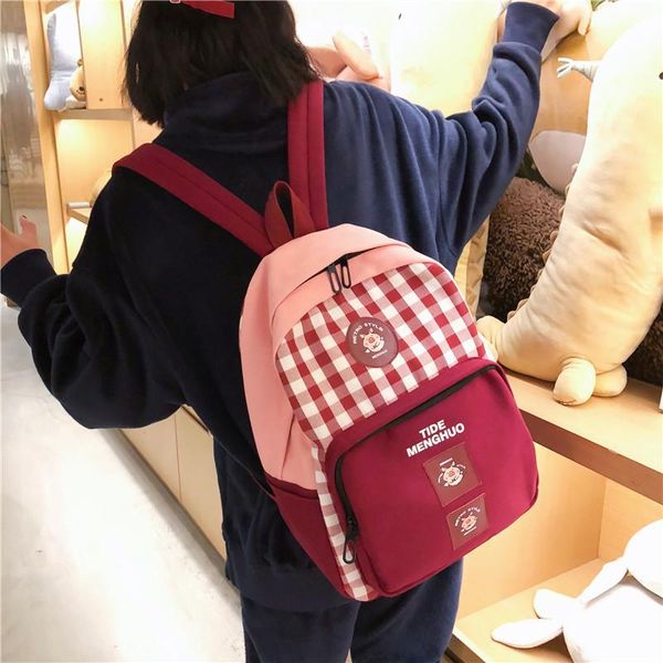 

backpack retro lattice decorative labeling literary sweet girl student schoolbag wild color matching college style