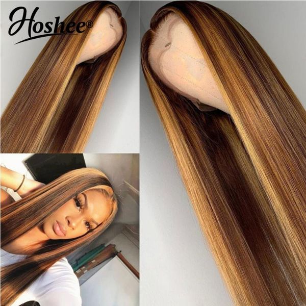 

ombre honey blonde lace front wigs human hair highlight for black women 150 density, Black;brown