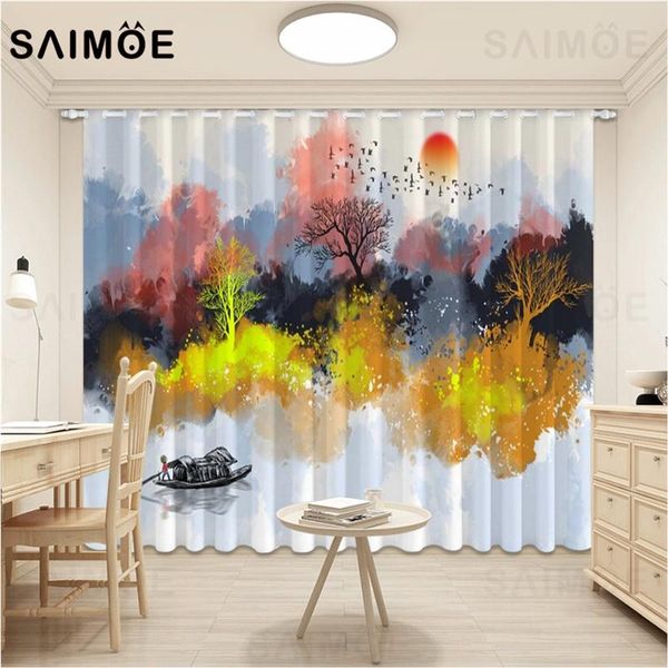 

curtain & drapes chinese landscape flower tree ink art living room curtains boat stream bedroom screen decor ultra micro shading