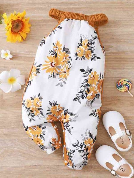 

baby floral print contrast trim halter jumpsuit she, Blue