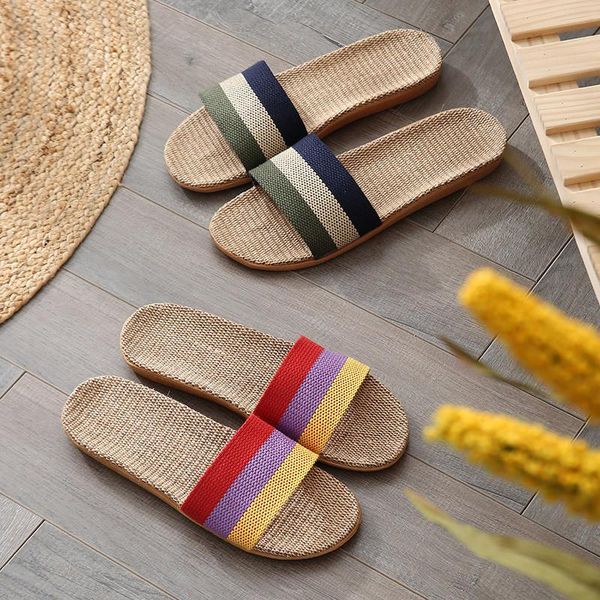 

big size flax slippers home couple indoor slides house floor cotton linen non-slip flip flops summer sandals women/man, Black