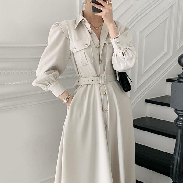 

casual dresses korean elegant turn-down collar single breasted puff sleeve vestidos autumn belt slim waist dress, Black;gray