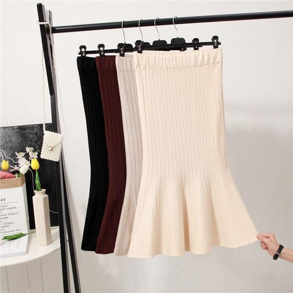 

skirts knitted solid women trumpet skirt autumn elegant slim high waist female knee length party ladies knitting, Black