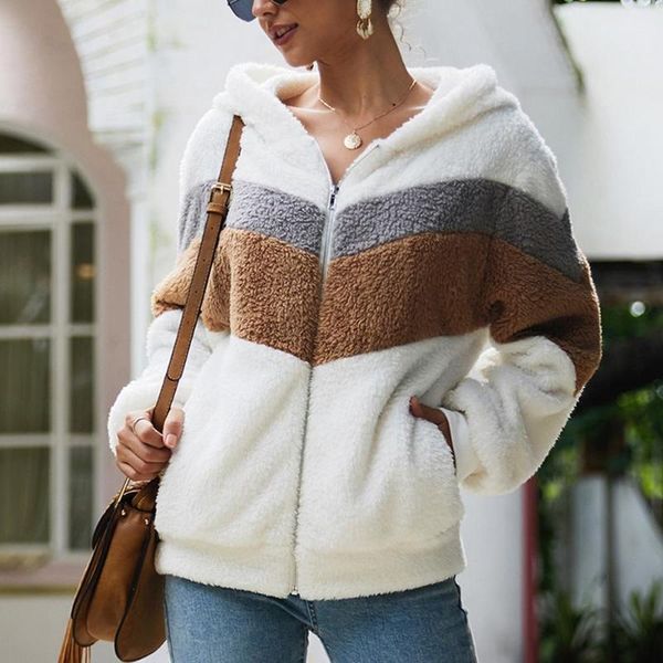 

women's hoodies & sweatshirts fashion casual fleece sweatshirt women 2021 patchwork zip faux fur oversized winter fluffy hoodie female, Black