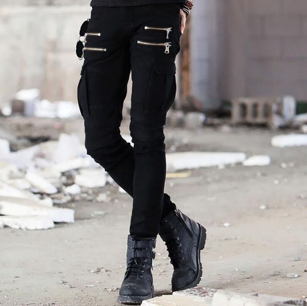 

men's pants europe and the united states trend fashion stretch casual motorcycle multi-pocket zipper slim overalls, Black