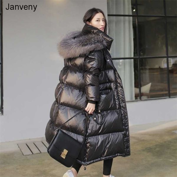 

janveny long down jacket women winter black loose real raccoon fur hooded fashion waterproof female duck down puffer coat 211020