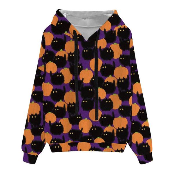 

women's hoodies & sweatshirts 2021 halloween pumpkin cat printed sweatshirt skeleton print women spring fall long sleeve streetwear, Black