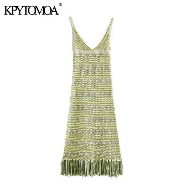 

kpytomoa women chic fashion with tassel knitted midi dress vintage backless fringed hem straps female dresses vestidos 210329, Black;gray