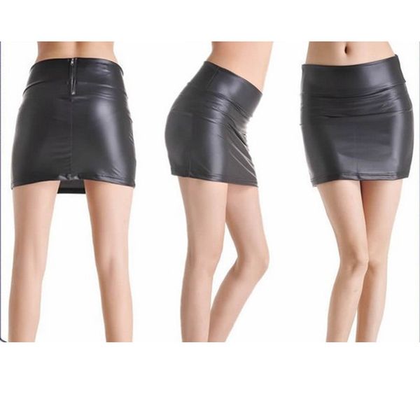 

fashionable short women's high waist bag hip with veet zipper imitation leather slim one-step skirt, Black