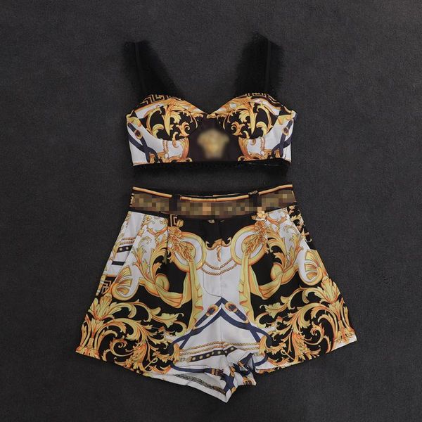 

women's tracksuits vintage women camisoles shorts two pieces set baroque print bra + beach summer casual printed loose streetwear, Gray