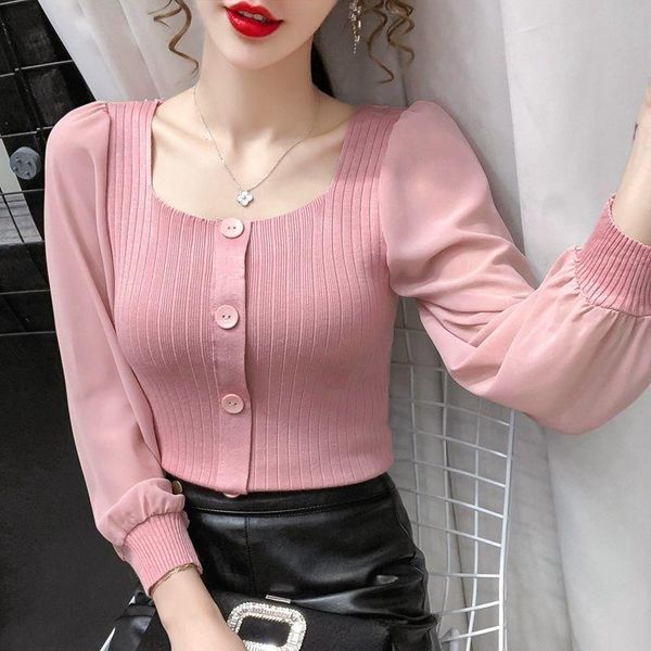 

women's t-shirt knitted women t shirts spring autumn 2021 puff long sleeve ladies tee korean pleated loose casual cotton female tshirts, White