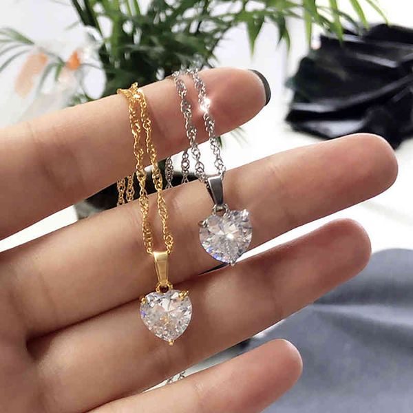 

heart pendant for women stainless steel gold chain zircon necklace lover clavicle choker valentine jewelry gift, Silver