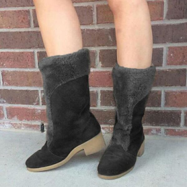 

karin design big size 43 thick heels mid calf woman shoes slip on add fur warm plush concise autumn boots 3gdy, Black