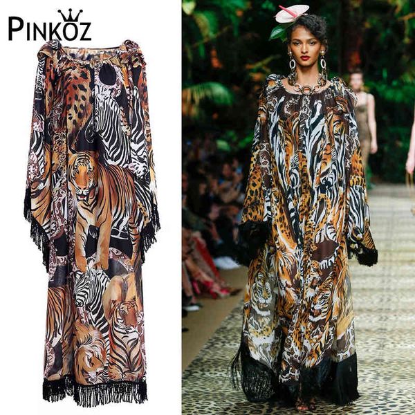 Runway Designer-Stil Tier Indie Folk Print Quaste lose Maxikleider für Frauen Strandurlaub Leopard Boho Robe Sommer 210421