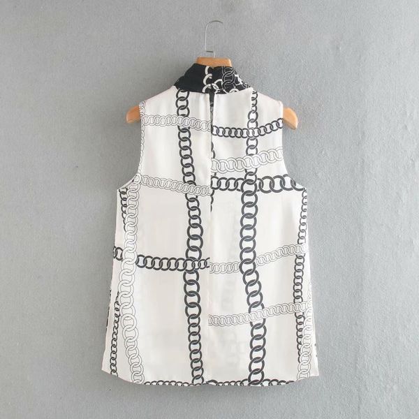 

women blouse clothing shirts hong kong flavour chain printed sleeveless shirt bowknot belted girly vest, White